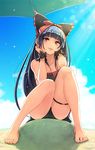  bare_shoulders barefoot black_hair bow breasts cleavage cloud day feet fukukitaru full_body gate_-_jieitai_ka_no_chi_nite_kaku_tatakaeri hair_bow legs light_smile long_hair on_ground outdoors red_eyes rory_mercury sitting sky small_breasts smile solo sunlight swimsuit thighs toes umbrella 