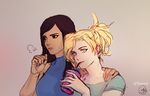  black_eyes blonde_hair blue_eyes blue_shirt braid brown_hair cup dark_skin drinking drinking_straw eyelashes facial_mark facial_tattoo hand_on_another's_shoulder highres holding holding_cup looking_at_viewer mercy_(overwatch) multiple_girls overwatch pharah_(overwatch) ponytail shirt short_hair short_sleeves side_braids sketch sleeveless sleeveless_shirt tattoo turtleneck twitter_username upper_body yuri 