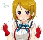  artist_name bare_shoulders blush bokura_wa_ima_no_naka_de brown_hair commentary_request dated earrings eyebrows_visible_through_hair face fingerless_gloves flying_sweatdrops gloves hair_ornament hairclip jewelry koizumi_hanayo love_live! love_live!_school_idol_project open_mouth purple_eyes ragho_no_erika red_gloves short_hair signature smile solo star star_hair_ornament upper_body 
