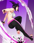  alternate_costume ass back barefoot black_hair breasts commentary drill_hair feet feguimel fingernails fingers gloves halter_top halterneck han_juri hands highres looking_at_viewer looking_back medium_breasts nail_polish palms partly_fingerless_gloves pink_eyes purple_eyes smile soles solo street_fighter street_fighter_v toeless_legwear toenail_polish toenails toes twin_drills 