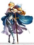  1girl adjusting_hair arm_behind_head armor blonde_hair blue_eyes breasts cape earring feather female gladius_ringland gloves grand_knights_history jewelry large_breasts legs_crossed logo long_gloves long_hair lowres queen solo standing sword weapon 