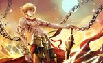  abs bare_chest blonde_hair chain ea_(fate/stay_night) earrings enkidu_(weapon) fate/stay_night fate_(series) full_moon gilgamesh holding holding_weapon jewelry looking_at_viewer male_focus moon muscle red_eyes shirtless solo sword tattoo weapon 