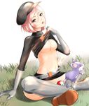  belt black_hat breasts butterfly_sitting cabbie_hat clothes_lift clothes_writing comugico gen_1_pokemon gloves grey_gloves groin hat hot looking_at_viewer medium_breasts microskirt navel no_bra on_grass open_mouth outdoors panties pantyshot pantyshot_(sitting) pink_eyes pink_hair poke_ball poke_ball_(generic) pokemon pokemon_(creature) pokemon_(game) pokemon_hgss rattata short_hair sitting skirt solo_focus sweat sweater sweater_lift team_rocket team_rocket_grunt underboob underwear uniform white_panties 