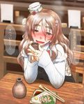  :d alcohol blurry blush brown_eyes brown_hair choko_(cup) chopsticks cup depth_of_field didloaded drunk eyebrows eyebrows_visible_through_hair food hat kantai_collection long_hair looking_at_viewer open_mouth plate pola_(kantai_collection) pov_across_table pov_dating restaurant sake smile solo soy_sauce tilted_headwear tokkuri translated twitter_username upper_body 