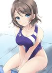  blue_eyes competition_swimsuit grey_hair kaetzchen love_live! love_live!_sunshine!! one-piece_swimsuit poolside short_hair sitting smile solo swimsuit watanabe_you 