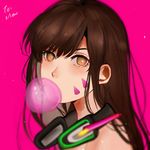  bangs bare_shoulders bjmaki brown_eyes brown_hair bubble_blowing chewing_gum d.va_(overwatch) eyebrows eyebrows_visible_through_hair face facepaint facial_mark headphones headphones_around_neck long_hair looking_at_viewer overwatch pink_background simple_background solo whisker_markings 