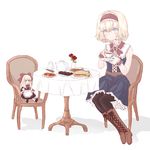  alice_margatroid blonde_hair blue_eyes boots chair cookie cup doll flower food hbkhk2007 md5_mismatch multiple_girls pantyhose plate rose sandwich shanghai_doll sitting smile table teacup teapot touhou vase 