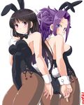  animal_ears ass back-to-back bare_shoulders black_hair blush bow bowtie breasts brown_legwear bunny_ears bunny_girl bunny_tail bunnysuit cleavage dd_(ijigendd) detached_collar fake_animal_ears grin hair_ribbon highres hiyou_(kantai_collection) jun'you_(kantai_collection) kantai_collection leotard long_hair medium_breasts multiple_girls numbered pantyhose purple_eyes purple_hair ribbon side-tie_leotard smile spiked_hair tail white_ribbon wrist_cuffs 