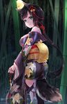  animal_ears bamboo bamboo_forest bare_shoulders bell black_hair black_kimono black_legwear commentary_request cowboy_shot floral_print forest fox_ears fox_tail from_side fujiko_(fujik0) full_moon green_eyes hair_ornament hair_ribbon holding japanese_clothes key kimono light_smile long_hair looking_to_the_side low_ponytail moon nature night obi original outdoors ribbon sash short_kimono smile solo tail thighhighs wide_sleeves 