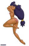  1girl ass barefoot bikini breasts brown_eyes canime dark_skin female iris_(pokemon) pink_bikini pokemon pokemon_(game) pokemon_bw posing purple_hair solo swimsuit thighs very_long_hair 