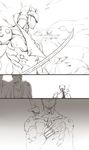  2koma arm_sling armor bandaged_head bandages bodysuit broken_arm cast cherry_(10013717) comic cyborg genji_(overwatch) greyscale hand_on_own_chest helmet holding holding_sword holding_weapon injury mask monochrome overwatch power_armor scabbard sheath sheathed silent_comic sword upper_body veil weapon weapon_on_back 