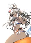  :d ahoge ass bangs belt bikini blush breasts brown_eyes cleavage collarbone dark_skin flat_ass flower from_behind front-tie_bikini front-tie_top granblue_fantasy hair_between_eyes hair_flower hair_ornament hibiscus highres light_particles long_hair looking_at_viewer looking_back medium_breasts open_mouth ribs side-tie_bikini simple_background sitting smile solo swimsuit white_background white_bikini white_hair yunar zooey_(granblue_fantasy) 