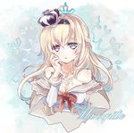  blonde_hair blue_eyes braid character_name crown dress french_braid jewelry kantai_collection long_hair meguri_uguisu mini_crown necklace off_shoulder solo upper_body warspite_(kantai_collection) 