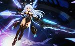  bangs bare_shoulders black_heart blue_eyes blue_wings breasts cleavage detached_wings elbow_gloves gloves leotard long_hair looking_at_viewer medium_breasts neptune_(series) smile solo sword symbol-shaped_pupils thighhighs very_long_hair weapon white_hair wings zhuore_zhi_hen 