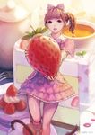  bow brown_hair cake chaang dress food fork fruit hair_bow hair_ornament hair_scrunchie highres holding holding_food holding_fruit lips minigirl open_mouth original pantyhose pink_dress purple_hair scrunchie side_ponytail solo standing standing_on_one_leg strawberry teapot 