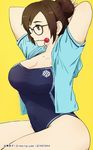  2016 adjusting_hair artist_name bangs beads black-framed_eyewear breasts brown_eyes brown_hair cleavage collarbone covered_navel dated glasses groin hair_bun hair_ornament hair_stick hand_in_hair large_breasts lee1210 legs mei_(overwatch) mouth_hold one-piece_swimsuit open_clothes open_shirt overwatch shirt short_sleeves sidelocks simple_background sitting snowflake_hair_ornament snowflake_print solo swimsuit swimsuit_under_clothes yellow_background 