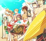  beach black_gloves black_hair blue_hair brown_hair diving_mask diving_mask_on_eyes english fang fudou_yukimitsu gloves goggles hat heshikiri_hasebe innertube male_focus male_swimwear mame_(ballet2604) multiple_boys ookurikara open_mouth pink_hair polearm purple_eyes purple_hair sarong shokudaikiri_mitsutada smile souza_samonji sun_hat sunglasses surfboard swim_trunks swimwear taikogane_sadamune touken_ranbu trident tsurumaru_kuninaga weapon white_hair yagen_toushirou yellow_eyes 