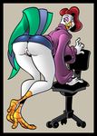  anthro avian beak bent_over bird breasts butt chair chicken clothed clothing feathers female looking_at_viewer office_chair partially_clothed presenting presenting_hindquarters pussy simple_background skirt solo tail_feathers thick_thighs upskirt 