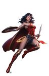  1girl blue_eyes cape dc_comics lasso lasso_of_truth pteruges shield solo stanley_lau strapless sword tiara vambraces wonder_woman wonder_woman_(series) 