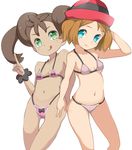  bikini blue_eyes breasts brown_hair dark_skin double_bun green_eyes hair_bun hat long_hair multiple_girls navel pokemon pokemon_(anime) pokemon_xy_(anime) sana_(pokemon) serena_(pokemon) short_hair small_breasts swimsuit tamakorogashi tongue tongue_out twintails 