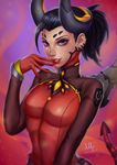  2016 alternate_costume artist_name artstation_sample black_hair bodysuit breasts dark_persona dated demon_girl demon_horns demon_tail devil_mercy ear_piercing eyelashes eyeliner facial_mark fang finger_to_mouth forehead_mark gloves hand_to_own_mouth hand_up high_ponytail highres horns image_sample leotard lips long_sleeves looking_at_viewer makeup mascara mechanical_wings medium_breasts mercy_(overwatch) nose overwatch piercing pitchfork ponytail purple_eyes red_gloves red_lips sciamano240 short_hair signature smile solo tail teeth turtleneck upper_body wings 