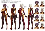  1girl body_suit breasts dark_skin full_body gold_eyes hyouryuu_kangoku_chronos large_breasts lilith-soft purple_hair silvia_(chronos) simple_background space_suit suit white_background wide_hips 