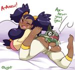  1girl anal anus ass axew barefoot bed cum cum_in_ass dark_skin female iris_(pokemon) lightsource penis pokemon pokemon_(game) pokemon_bw purple_hair pussy sex very_long_hair 