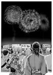  bad_pixiv_id comic contemporary fireworks greyscale highres japanese_clothes kimono long_hair mamezou_(mamechan182) monochrome nara_shikamaru naruto naruto_(series) obi sash short_hair summer_festival temari yukata 