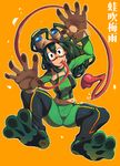  :&gt; absurdres asui_tsuyu blush_stickers bodysuit boku_no_hero_academia eureka_brider eyelashes gloves goggles goggles_on_head green_bodysuit highres long_hair long_tongue looking_at_viewer solo spandex superhero tongue 