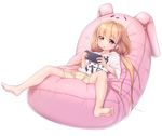  bare_legs barefoot bean_bag_chair bike_shorts blonde_hair blush cellphone clothes_writing futaba_anzu idolmaster idolmaster_cinderella_girls long_hair low_twintails lying mouth_hold nullken on_back phone playing_games shirt smartphone solo spread_legs striped striped_bike_shorts stuffed_animal stuffed_bunny stuffed_toy t-shirt twintails you_work_you_lose 