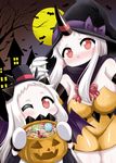 adjusting_clothes adjusting_hat alternate_costume bat bat_wings blush bow bowtie breasts candy cape carrying castle claws commentary covered_navel covering_mouth detached_sleeves food full_moon halloween hat horns huge_breasts jack-o'-lantern kantai_collection lollipop long_hair looking_at_viewer moon multiple_girls night night_sky northern_ocean_hime one_eye_closed red_eyes seaport_hime shinkaisei-kan sky snack top_hat tree_branch white_hair white_skin wings witch_hat yamato_nadeshiko 