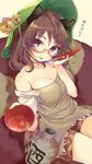  alcohol animal_ears bare_shoulders bell blush breasts brown-framed_eyewear brown_dress brown_eyes brown_hair brown_skirt bust_cup cleavage collarbone cup detached_sleeves dress futatsuiwa_mamizou glasses gourd hat hat_ribbon highres jingle_bell large_breasts leaf lips looking_at_viewer maple_leaf miniskirt mirei nose_blush parted_lips raccoon_ears raccoon_tail ribbon sakazuki sake semi-rimless_eyewear short_dress short_hair short_sleeves skirt smile solo spilling strap_slip tail touhou translated under-rim_eyewear yellow_ribbon 