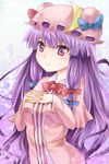  bow hair_ribbon hands_on_own_chest hat hat_ribbon interlocked_fingers long_hair mamepon patchouli_knowledge pink_bow purple_eyes purple_hair ribbon solo touhou 