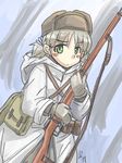  aki_(girls_und_panzer) alternate_costume bag blonde_hair blush bolt_action coat fur_hat girls_und_panzer gloves green_eyes gun hat higezamurai_(kurage_gunsou) hood military military_uniform mosin-nagant pouch rifle satchel short_twintails signature sketch sling soldier solo twintails uniform ushanka weapon winter_clothes winter_coat world_war_ii 