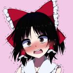  bare_shoulders black_hair blush bow d: embarrassed face frills hair_bow hair_tubes hakurei_reimu jpeg_artifacts kobashino open_mouth pink_background portrait raised_eyebrows red_eyes round_teeth simple_background solo sweat teeth touhou trembling 