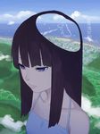  black_hair city cityscape closed_mouth cloud collarbone day expressionless godzilla godzilla_(series) highres horizon landscape long_hair ocean original purple_eyes rai32019 sky solo translation_request 