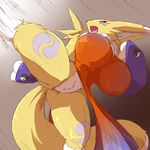  2016 action_pose anthro big_breasts bottomless breasts bridal_gauntlets canine clothed clothing digimon fdokkaku featureless_crotch female fox fur grey_background huge_breasts kick mammal markings mostly_nude open_mouth purple_markings raised_leg renamon simple_background solo spread_legs spreading teeth thick_thighs tongue tuft white_fur yellow_fur 