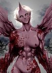  blood blood_on_arm blood_on_breasts blood_on_chest blood_on_face breasts claymore cleavage groin highres horn medium_breasts priscilla_(claymore) solo tazan white_hair wings yellow_eyes 