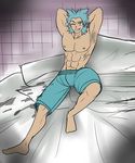  1boy abs armpit barefoot blue_hair body_hair brawly_(pokemon) full_body male_focus muscle pecs pokemon pokemon_(game) pokemon_go topless wink 