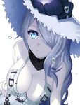  blue_eyes breasts bubble cleavage dress flower hair_over_one_eye hat hat_flower highres kantai_collection large_breasts long_hair seaport_summer_hime shinkaisei-kan solo white_background white_dress white_hair white_skin wintersteam 