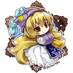  &gt;:) blonde_hair brown_eyes chibi fox_tail hands_in_opposite_sleeves hat long_sleeves looking_at_viewer mob_cap multiple_tails pillow_hat short_hair smile socha solo tail tassel touhou twitter_username v-shaped_eyebrows white_background wide_sleeves yakumo_ran 