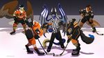  2016 anaheim_ducks anthro avian bird black_fur brown_fur canine clothed clothing digital_media_(artwork) dragon eagle fur group hair hockey hockey_stick ice jersey legwear mammal nhl philadelphia_flyers rikkoshaye skates socks sport wings wolf 