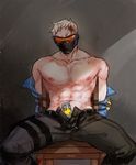  1boy abs blood bruises male_focus mask muscle nipples overwatch pecs restrained rope scar silver_hair sitting soldier:_76_(overwatch) solo topless undressing 