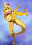  2016 abs anthro bra breasts clothing dragon female fur hi_res muramuri muscular muscular_female nipples pussy solo thong underwear yellow_fur 