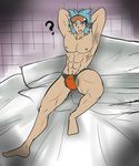  1boy ? abs armpit barefoot blue_hair body_hair brawly_(pokemon) full_body male_focus muscle pecs pokemon pokemon_(game) pokemon_go testicles topless underwear 