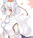  animal_ears bare_shoulders closed_mouth detached_sleeves hat highres inubashiri_momiji leaf maple_leaf mugicha_(mugicha0929) navel pom_pom_(clothes) red_eyes short_hair sketch solo tail tokin_hat touhou white_hair wide_sleeves wolf_ears wolf_tail 