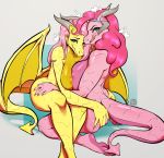  2019 alternate_species anthro areola avante92 blue_eyes breasts butt digital_media_(artwork) dragon dragonification duo female fluttershy_(mlp) friendship_is_magic hair hi_res horn licking licking_lips long_hair membranous_wings my_little_pony pink_hair pinkie_pie_(mlp) scalie signature spade_tail tongue tongue_out wings 