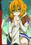  arm_warmers blonde_hair blue_skirt breasts chin_rest closed_mouth commentary eichi_yuu green_eyes knee_up leg_warmers looking_at_viewer medium_breasts mizuhashi_parsee pointy_ears scarf shaded_face short_hair short_sleeves skirt solo touhou white_scarf 