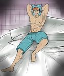  1boy abs armpit barefoot blue_hair body_hair brawly_(pokemon) full_body male_focus muscle pecs pokemon pokemon_(game) pokemon_go topless 