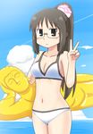  bikini black_eyes black_hair blue_sky breasts cleavage cloud day expressionless glasses goriate hair_ornament high_ponytail holding horizon medium_breasts minakami_mai navel nichijou ocean outdoors semi-rimless_eyewear sky solo swimsuit under-rim_eyewear v white_bikini 